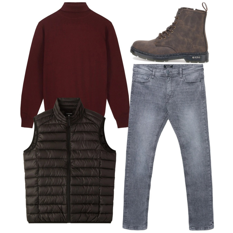 Outfit uomo - Smanicato. Stile Casual per Tutti i giorni. Abbinamento con jeans skinny, piumini, maglieria, anfibi.