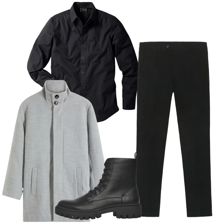 Outfit uomo - Black day. Stile Trendy per Serata speciale. Abbinamento con camicie, cappotti, anfibi, pantaloni chino.