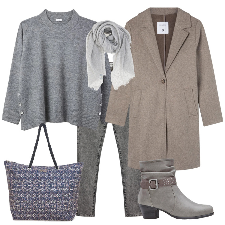 Outfit donna - Total look #2312235. Stile Casual chic per Ufficio. Abbinamento con stivaletti, maglieria, jeggings, cappotti, foulard, shopping bag.