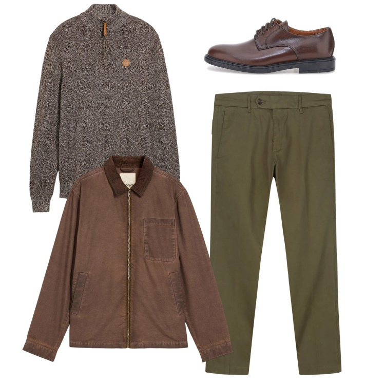 Outfit uomo - Total look. Stile Casual per Tutti i giorni. Abbinamento con giacche, maglieria, pantaloni chino, scarpe stringate.