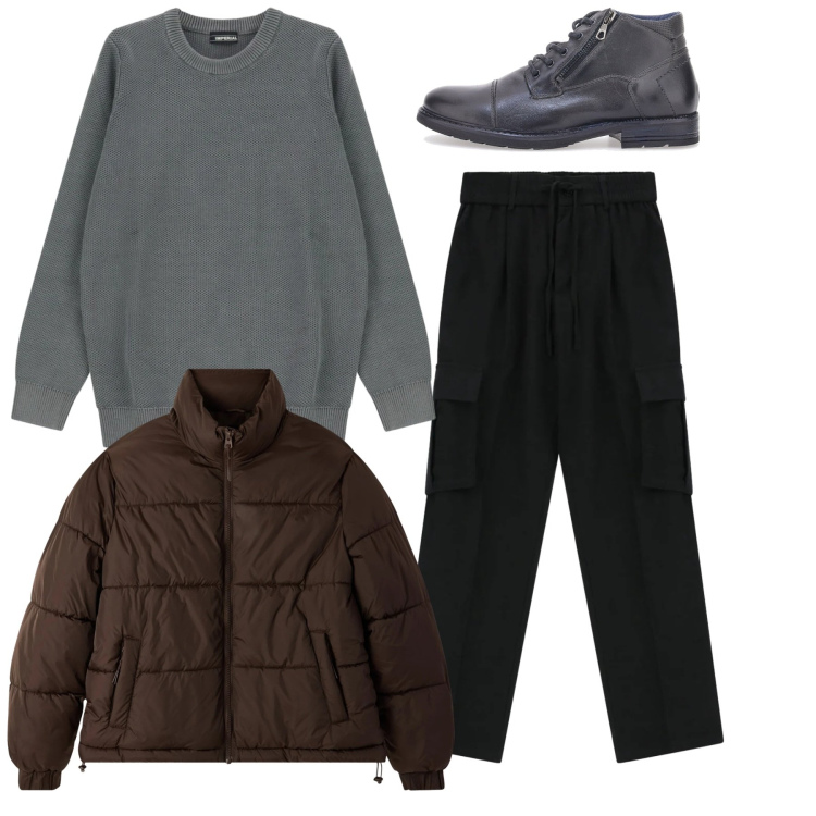 Outfit uomo - Total look. Stile Casual per Tutti i giorni. Abbinamento con bomber, pantaloni cargo, pullovers, stivali e stivaletti.