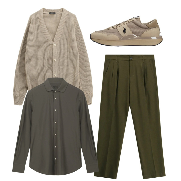 Outfit uomo - Total look. Stile Casual per Tutti i giorni. Abbinamento con cardigans, pantaloni, sneakers, camicie.