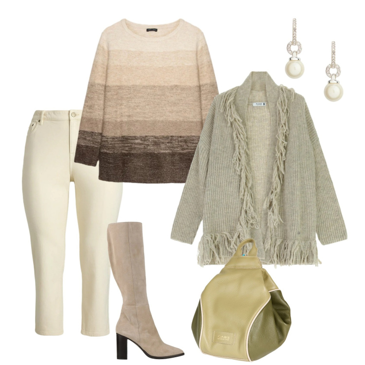 Outfit donna - Total look #2312241. Stile Casual chic per Ufficio. Abbinamento con zaini, stivali, cardigans, orecchini, jeans dritti, maglieria.