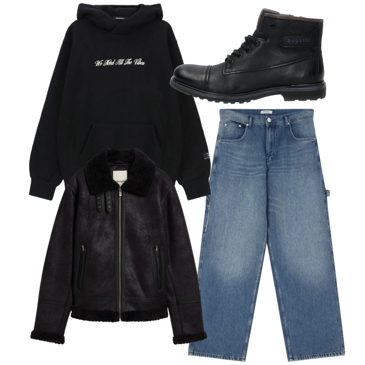 Outfit uomo - Total look. Stile Biker Rock per Tutti i giorni. Abbinamento con giacche, jeans, felpe con cappuccio, anfibi.