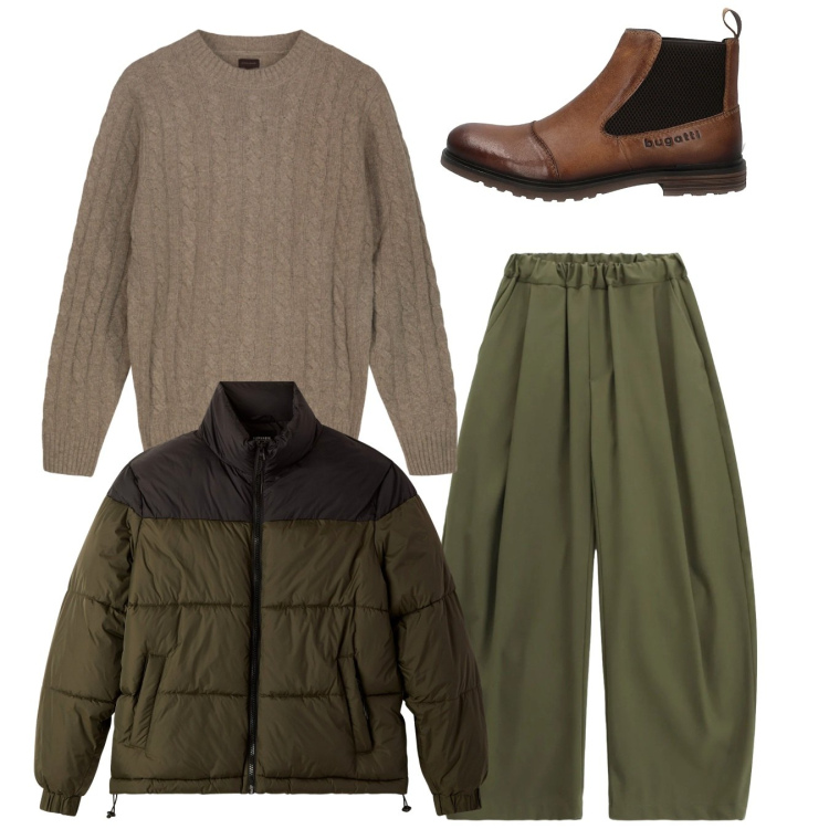 Outfit uomo - Total look. Stile Trendy per Tutti i giorni. Abbinamento con bomber, pantaloni, stivali e stivaletti, maglieria.