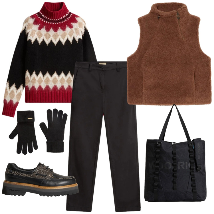 Outfit donna - Saldi Invernali Woolrich. Stile Casual per Tutti i giorni. Abbinamento con borse tote, mocassini, maglieria, guanti, gilet, pantaloni.