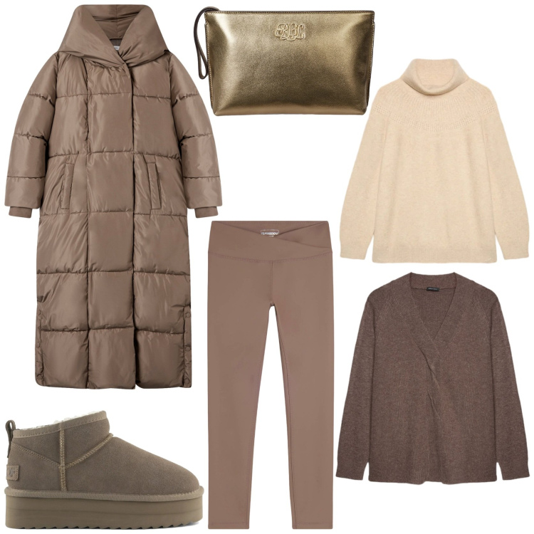 Outfit donna - Comfy chic. Stile Casual chic per Tutti i giorni. Abbinamento con cappotti, leggings, pochette, stivaletti, maglieria, maglieria.