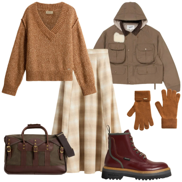 Outfit donna - Saldi Invernali Woolrich. Stile Casual per Tutti i giorni. Abbinamento con borse a tracolla, guanti, maglieria, anfibi, gonne lunghe, blazer.