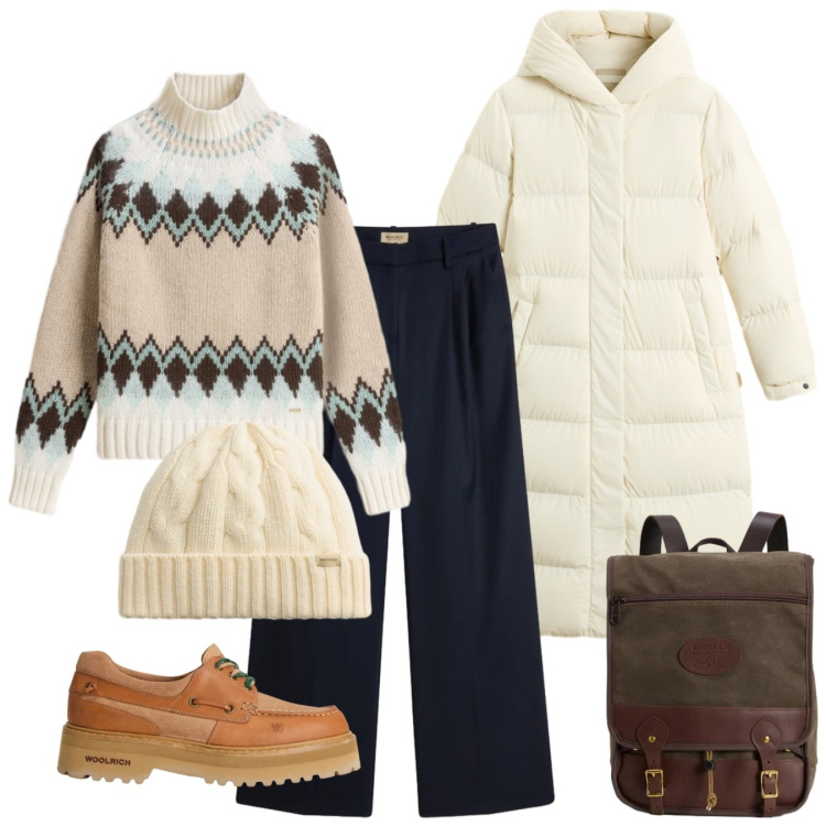 Outfit donna - Saldi Invernali Woolrich. Stile Casual per Tutti i giorni. Abbinamento con zaini, pantaloni, piumini, maglieria, berretti, mocassini.