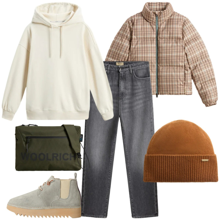 Outfit donna - Total look #2312267. Stile Casual per Tutti i giorni. Abbinamento con borse a tracolla, jeans, stivaletti, piumini, berretti, felpe con cappuccio.
