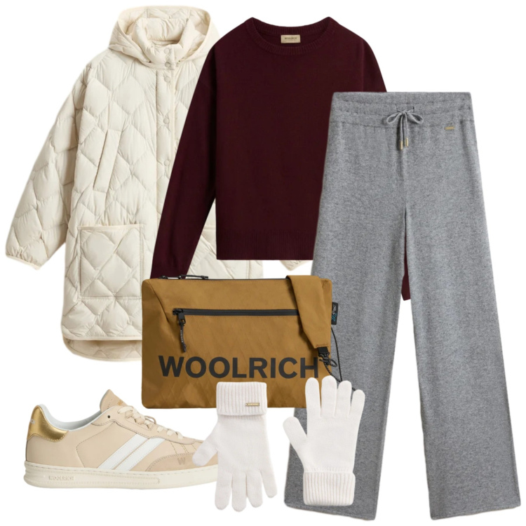 Outfit donna - Saldi Invernali Woolrich. Stile Casual per Tutti i giorni. Abbinamento con borse a tracolla, blazer, sneakers, guanti, pantaloni, maglieria.