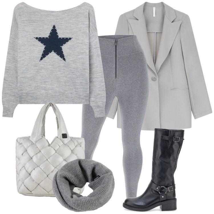 Outfit donna - Winter in Soft Grey. Stile Chic per Tutti i giorni. Abbinamento con maglieria, blazer, pantaloni skinny, borse tote, scaldacollo, stivali.
