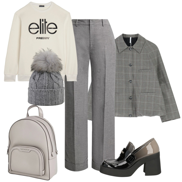 Outfit donna - Winter in Soft Grey. Stile Casual chic per Tutti i giorni. Abbinamento con mocassini, zaini, blazer, felpe, pantaloni, berretti.