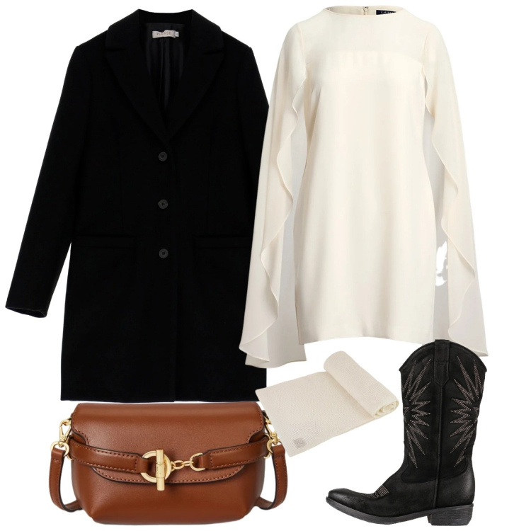 Outfit donna - Total look #2312299. Stile Chic per Serata fuori. Abbinamento con stivali, cappotti, borse a tracolla, vestiti a tubino, sciarpe.