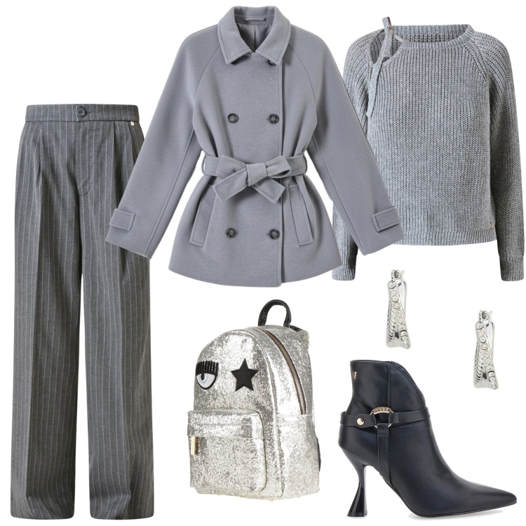 Outfit donna - Winter is soft grey. Stile Urban per Ufficio. Abbinamento con zaini, orecchini, pantaloni, maglieria, caban, stivaletti.