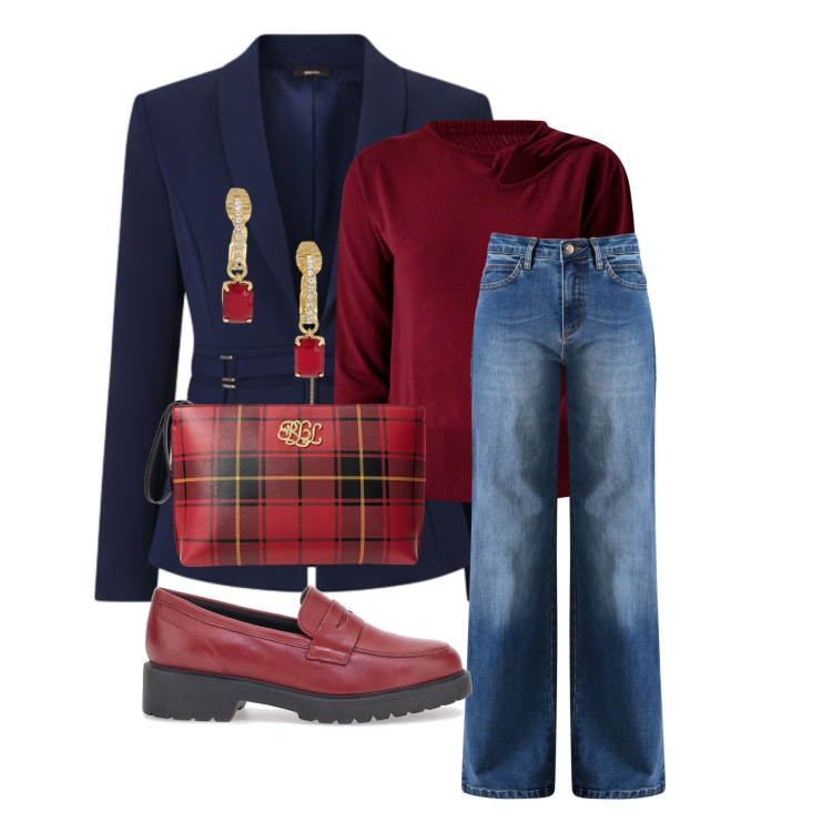 Outfit donna - Total look #2312306. Stile Casual chic per Tutti i giorni. Abbinamento con orecchini, pochette, maglieria, jeans, blazer, mocassini.
