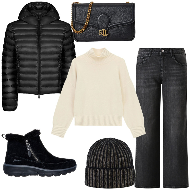 Outfit donna - Il maglioncino cozy. Stile Casual chic per Tutti i giorni. Abbinamento con maglieria, clutch, bomber, berretti, jeans dritti, stivaletti.