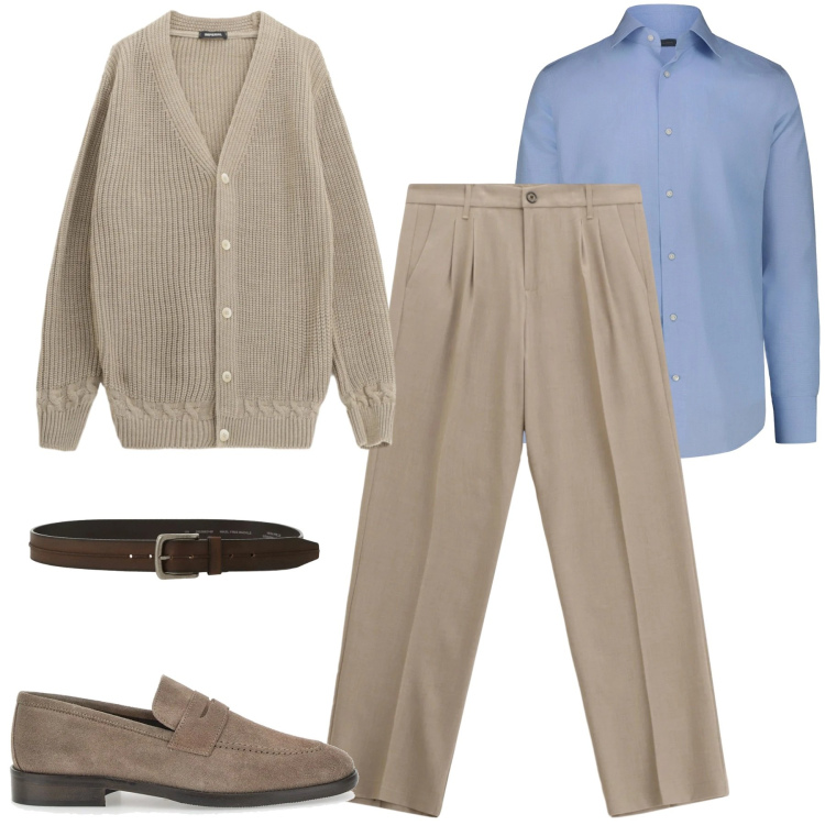 Outfit uomo - City. Stile Business/Elegante per Tutti i giorni. Abbinamento con pantaloni, cardigans, cinture, scarpe stringate, camicie.