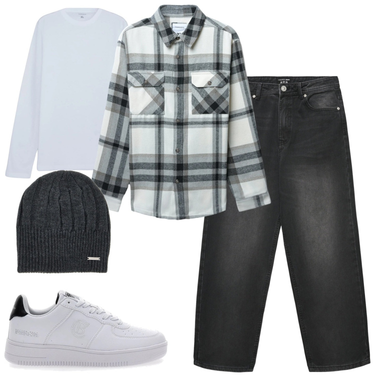 Outfit uomo - Gennaio. Stile Casual per Tutti i giorni. Abbinamento con t-shirt, cappotti, jeans dritti, berretti, sneakers.