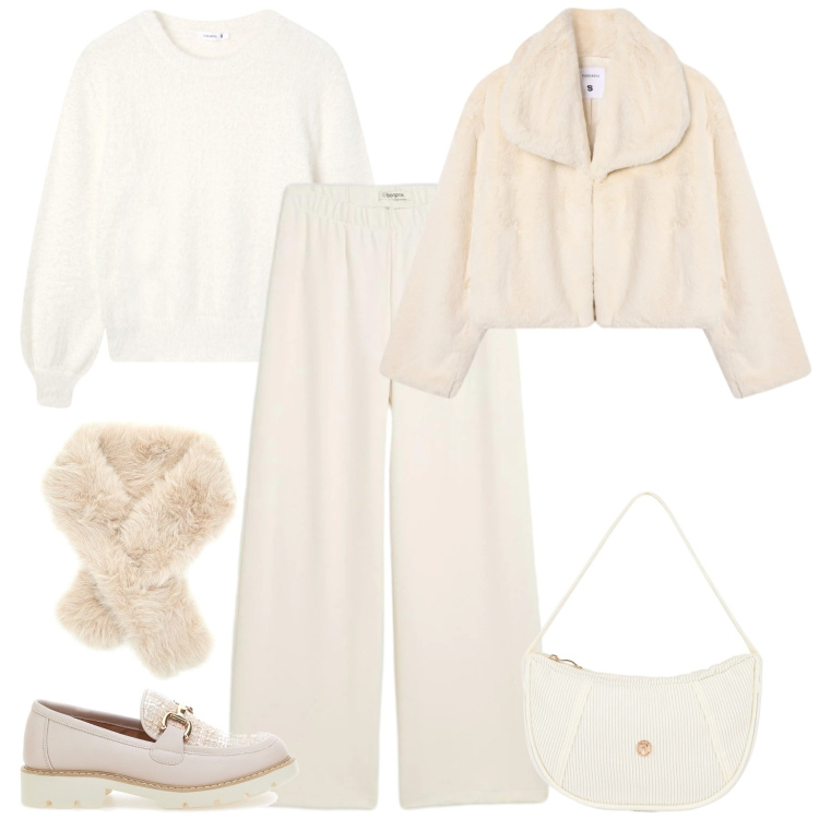 Outfit donna - Tonalità panna e burro. Stile Casual chic per Tutti i giorni. Abbinamento con pantaloni, ecopellicce, maglieria, borse a mano, mocassini, sciarpe.