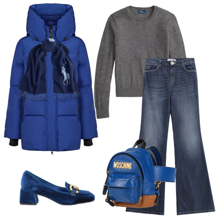 Outfit donna - Total look #2312343. Stile Casual chic per Tutti i giorni. Abbinamento con mocassini, marsupi, jeans a zampa, sciarpe, maglieria, piumini.