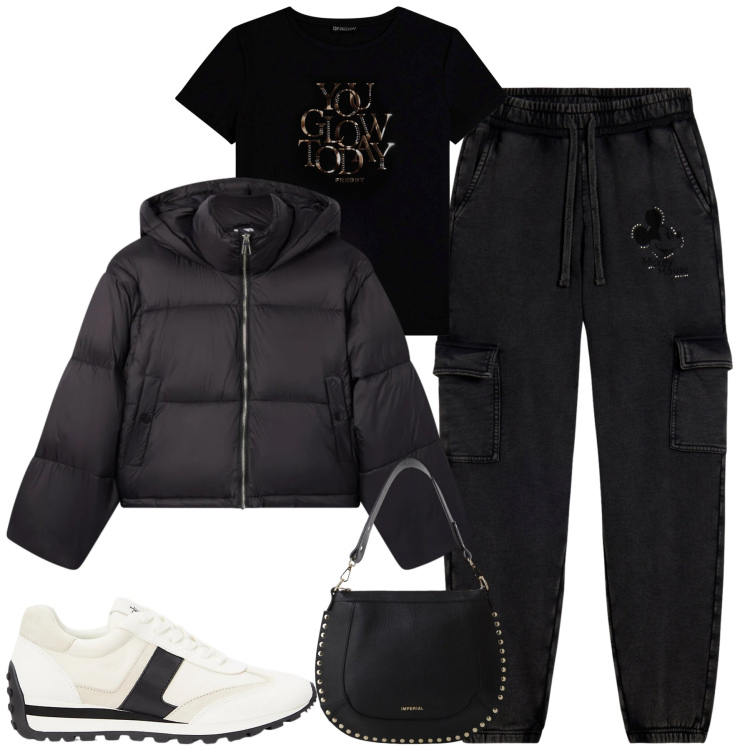 Outfit donna - Comoda il sabato. Stile Casual per Tutti i giorni. Abbinamento con bomber, borse a spalla, pantaloni cargo, t-shirt, sneakers.