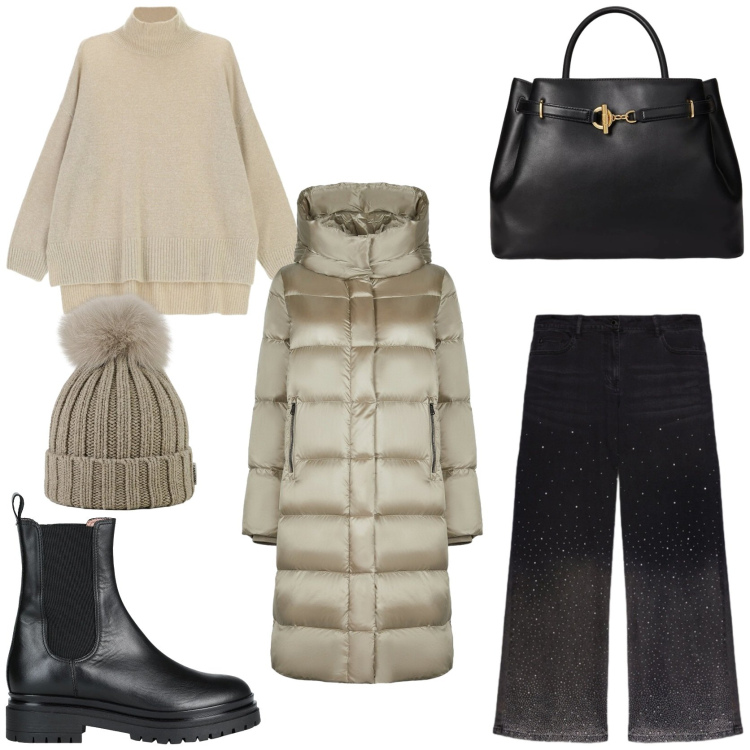 Outfit donna - Il maglioncino elegante. Stile Chic per Tutti i giorni. Abbinamento con stivaletti chelsea, maglieria, borse a mano, cappotti, berretti, jeans.