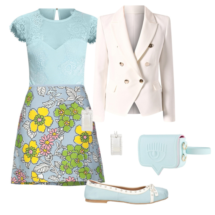 Outfit donna - Total look #2312353. Stile Bon Ton per Cerimonia. Abbinamento con ballerine, minigonne, marsupi, orecchini, top, blazer.