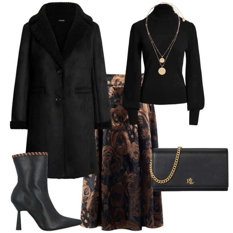 Outfit donna - Chic serata evento speciale. Stile Chic per Serata fuori. Abbinamento con stivaletti, gonne longuette, ciondoli, maglieria, borse a tracolla, cappotti.