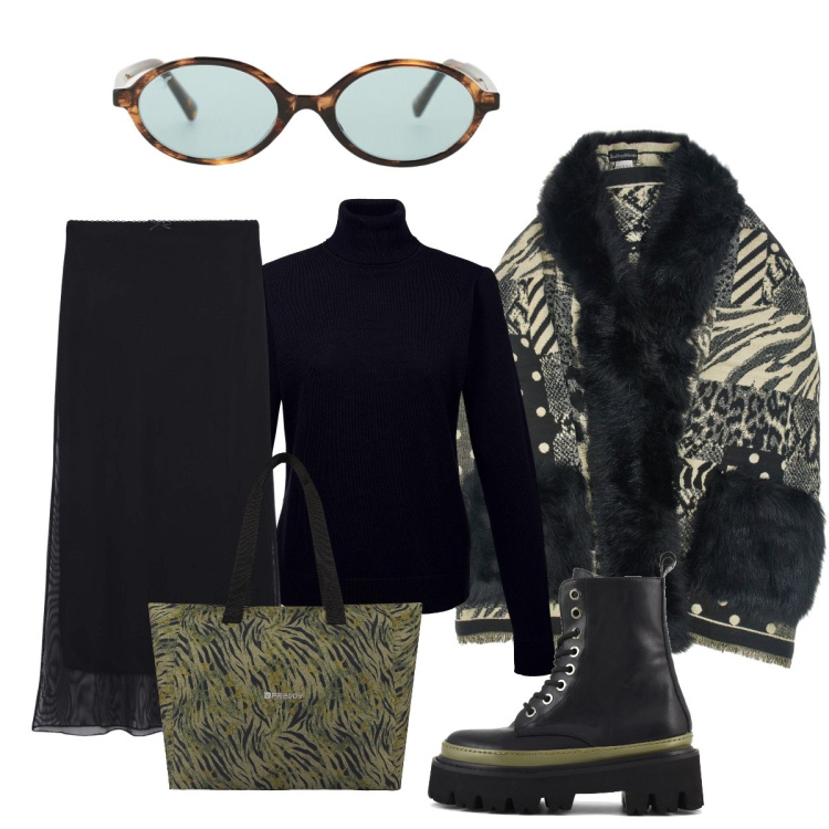 Outfit donna - Glamour con l’originale cappa. Stile Glamour per Tutti i giorni. Abbinamento con maglieria, gonne lunghe, occhiali da sole, shopping bag, anfibi, cappe.