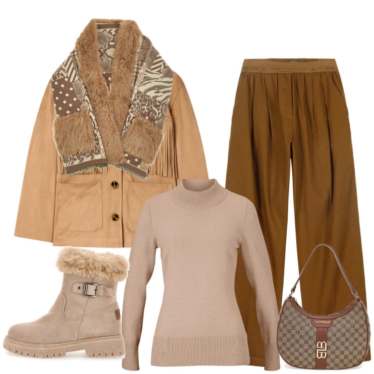 Outfit donna - Total look #2312368. Stile Casual chic per Tutti i giorni. Abbinamento con maglieria, cappotti, pantaloni, stivaletti, borse a spalla, cappe.