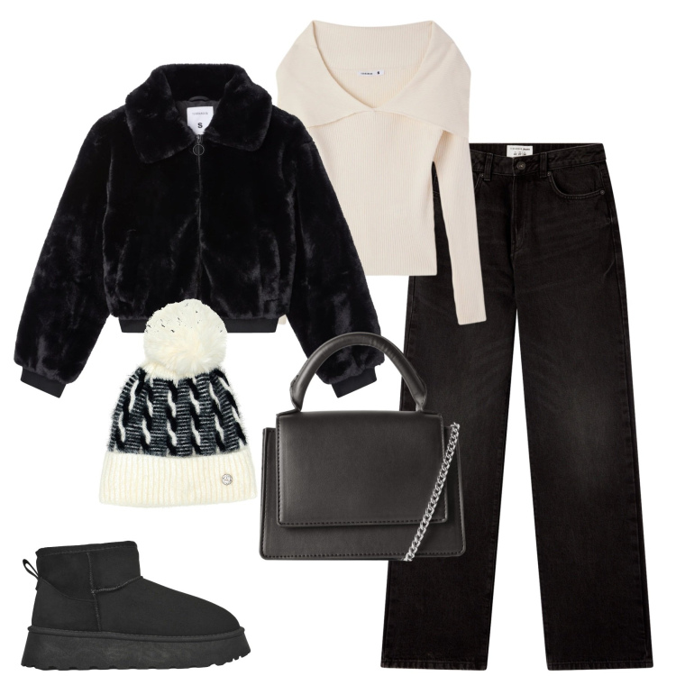Outfit donna - City. Stile Casual chic per Tutti i giorni. Abbinamento con maglieria, borse a tracolla, jeans dritti, stivaletti, ecopellicce, berretti.