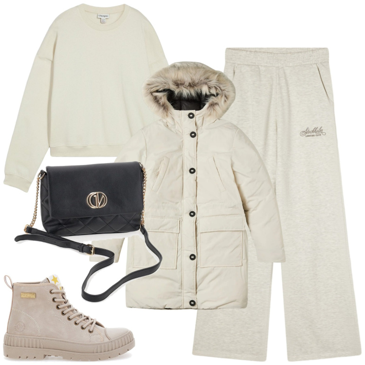 Outfit donna - Neve. Stile Casual per Tutti i giorni. Abbinamento con felpe, pantaloni, parka, anfibi, borse a mano.