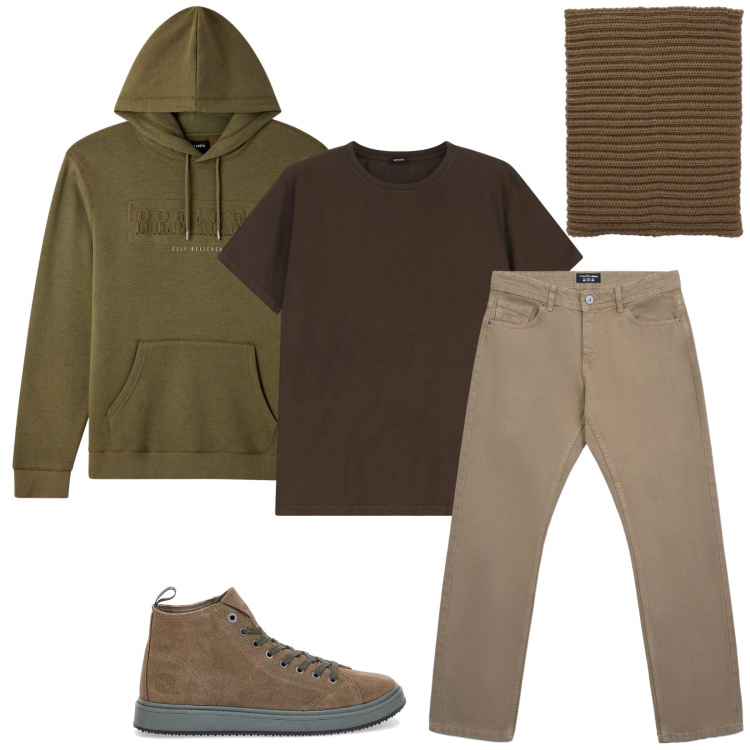 Outfit uomo - Total look #2312374. Stile Urban per Tutti i giorni. Abbinamento con jeans, felpe con cappuccio, scaldacollo, t-shirt, sneakers.