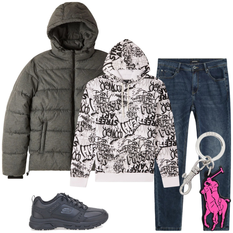 Outfit uomo - Total look #2312376. Stile Trendy per Tutti i giorni. Abbinamento con felpe con cappuccio, bomber, jeans slim fit, portachiavi, sneakers.