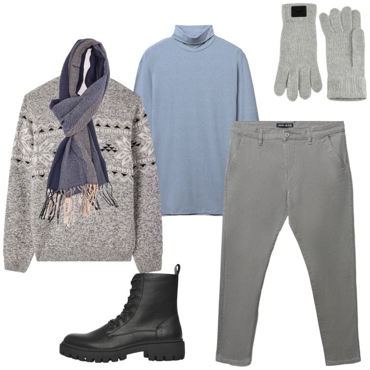 Outfit uomo - Total look #2312378. Stile Trendy per Tutti i giorni. Abbinamento con anfibi, pantaloni chino, t-shirt, maglieria, guanti, sciarpe.