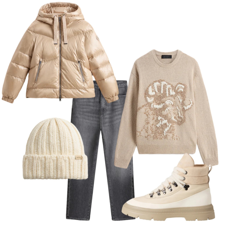 Outfit donna - Total look #2312382. Stile Casual chic per Tutti i giorni. Abbinamento con piumini, jeans, maglieria, berretti, anfibi.