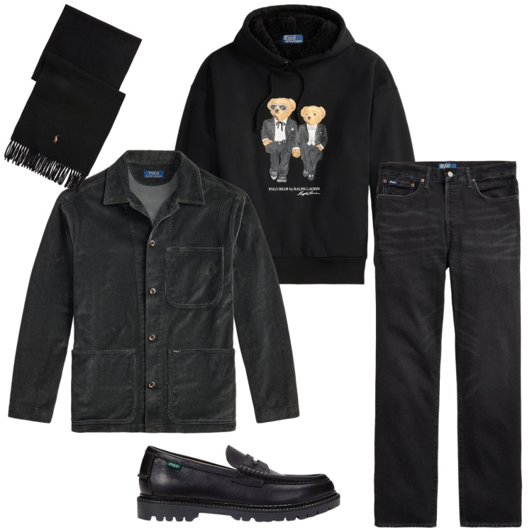 Outfit uomo - Total look #2312388. Stile Trendy per Tutti i giorni. Abbinamento con scarpe stringate, jeans dritti, giacche, sciarpe, felpe con cappuccio.