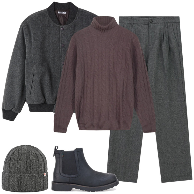Outfit uomo - Maglione in lana a collo alto. Stile Casual per Tutti i giorni. Abbinamento con bomber, pantaloni, berretti, stivali e stivaletti, maglieria.
