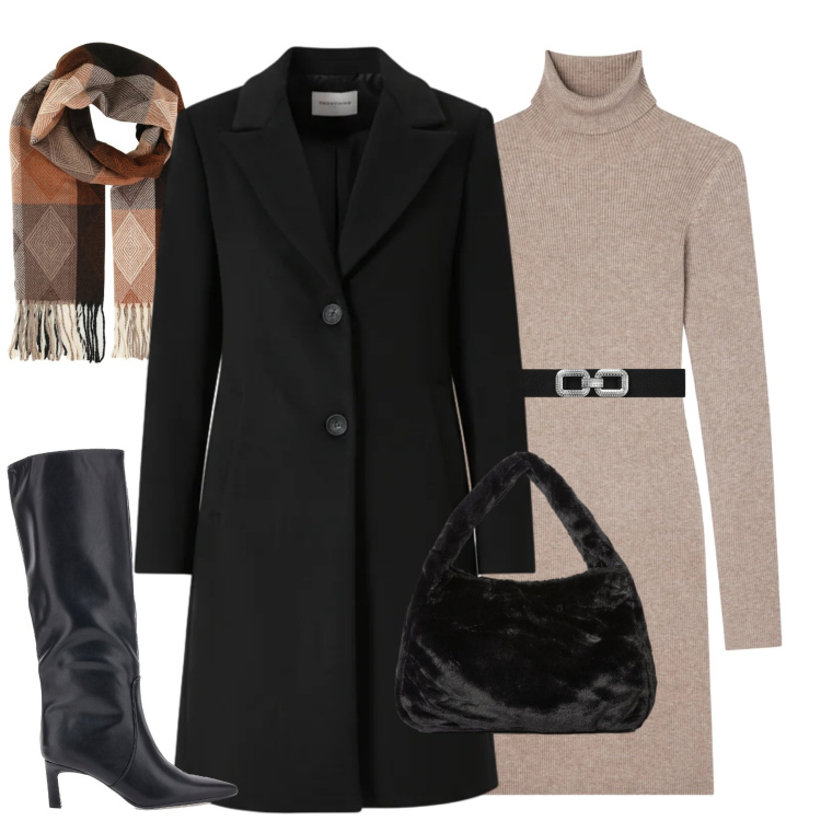 Outfit donna - City. Stile Urban per Tutti i giorni. Abbinamento con cinture, vestiti corti, sciarpe, cappotti, stivali, borse a spalla.