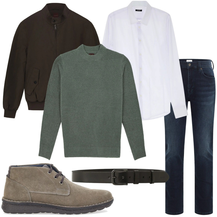 Outfit uomo - Total look. Stile Trendy per Tutti i giorni. Abbinamento con jeans slim fit, camicie, cinture, stivali e stivaletti, bomber, maglieria.