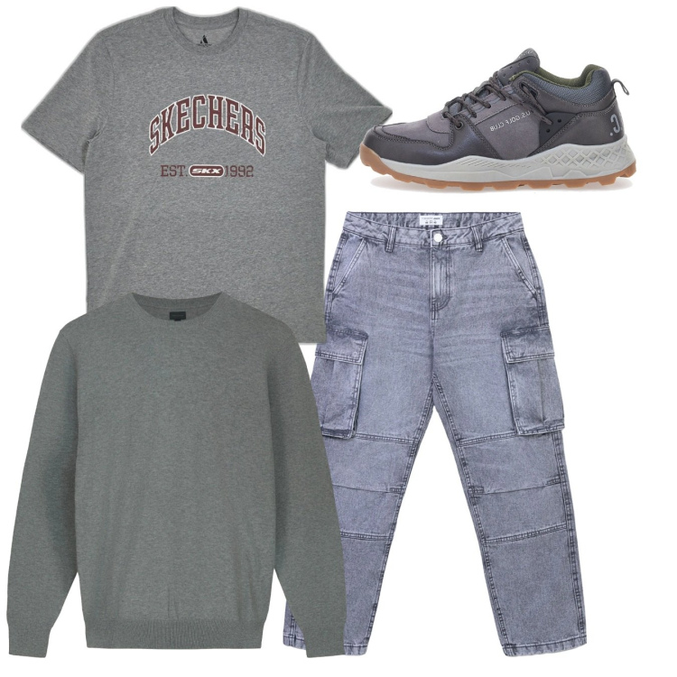 Outfit uomo - Total look. Stile Casual per Tutti i giorni. Abbinamento con jeans, t-shirt, maglieria, stivali e stivaletti.