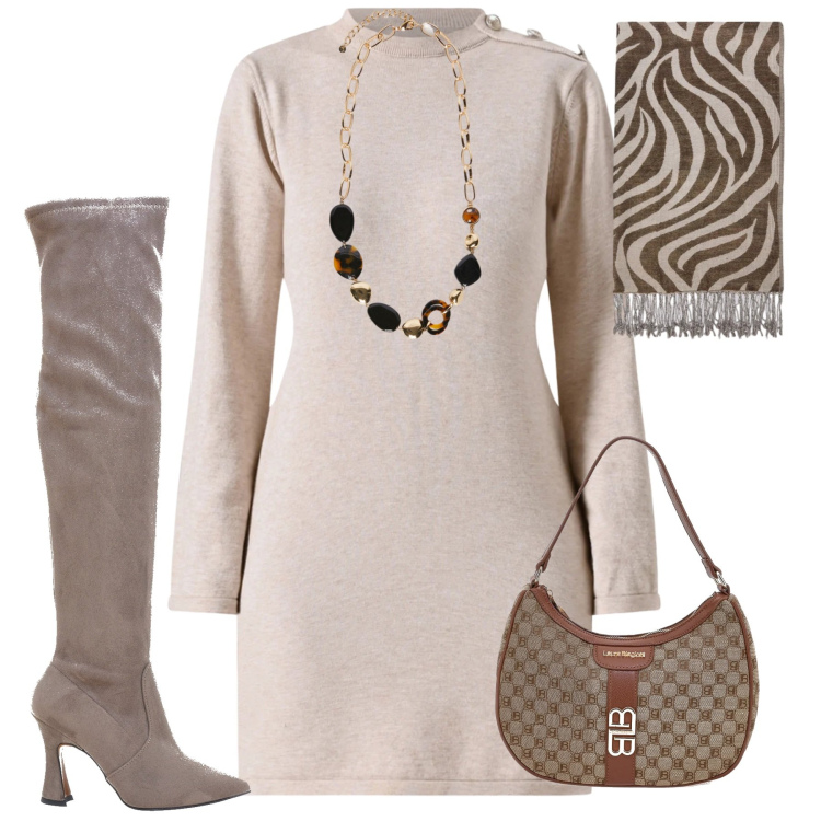 Outfit donna - City. Stile Minimal per Tutti i giorni. Abbinamento con vestiti corti, stivali, collane, foulard, borse a spalla.