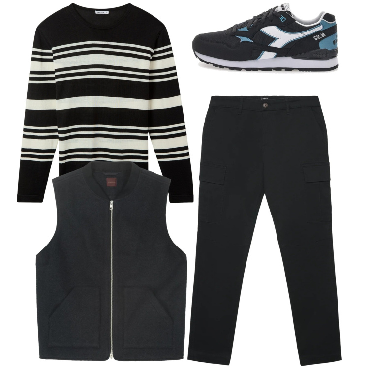Outfit uomo - Toni scuri. Stile Casual per Tutti i giorni. Abbinamento con maglieria, pantaloni cargo, sneakers, piumini.