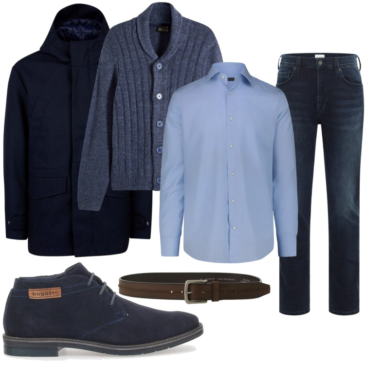Outfit uomo - Total look per la giornata. Stile Casual per Tutti i giorni. Abbinamento con cardigans, jeans slim fit, cinture, scarpe stringate, camicie, giacche.