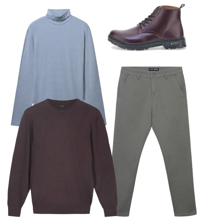 Outfit uomo - Total look. Stile Casual per Tutti i giorni. Abbinamento con pantaloni chino, t-shirt, anfibi, maglieria.