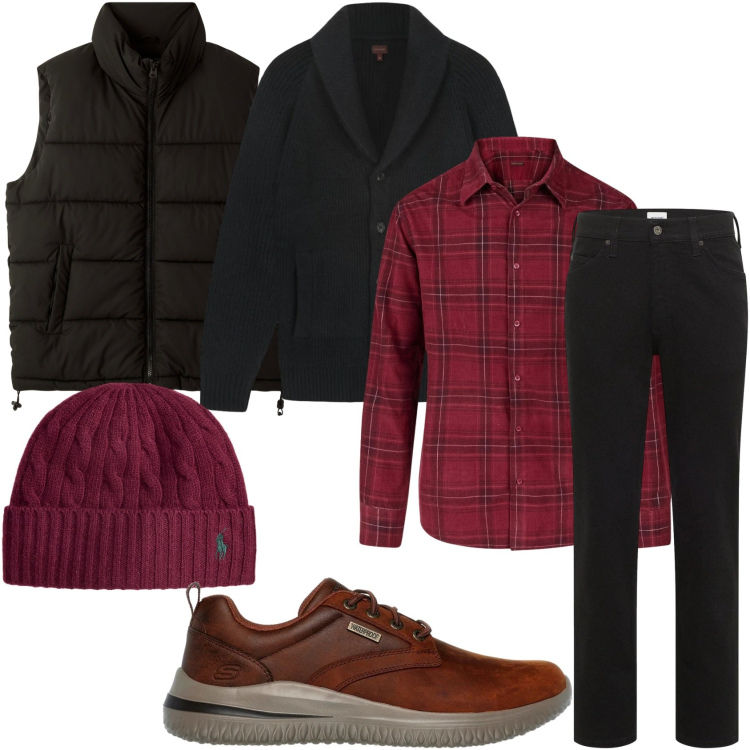 Outfit uomo - Total look da uomo. Stile Trendy per Tutti i giorni. Abbinamento con jeans dritti, piumini, berretti, scarpe stringate, camicie, cardigans.