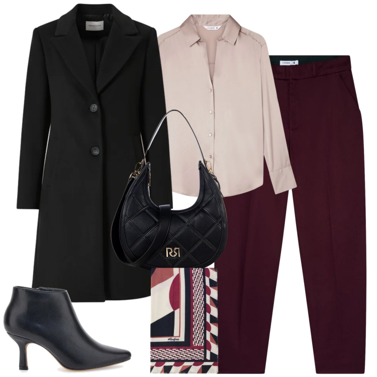 Outfit donna - In ufficio. Stile Chic per Ufficio. Abbinamento con pantaloni chino, camicie, cappotti, borse a tracolla, stivaletti, foulard.