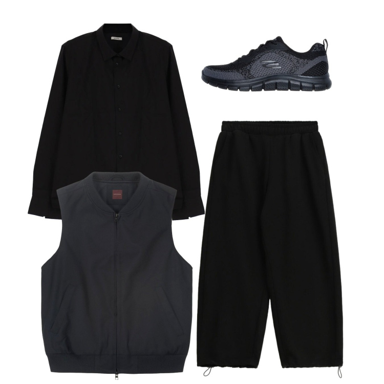 Outfit uomo - Total black. Stile Casual per Tutti i giorni. Abbinamento con camicie, pantaloni, piumini, sneakers.