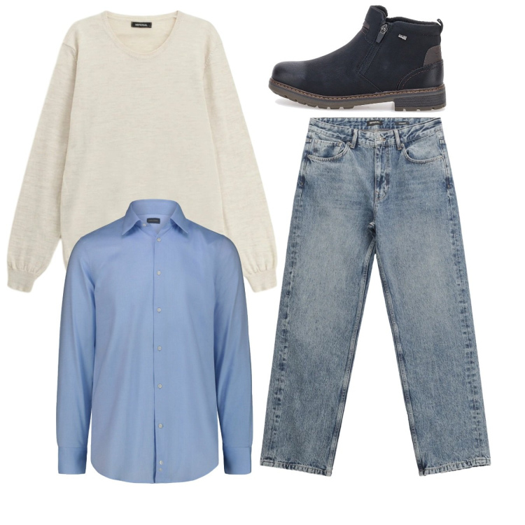 Outfit uomo - Total look. Stile Casual per Tutti i giorni. Abbinamento con jeans dritti, maglieria, camicie, stivali e stivaletti.